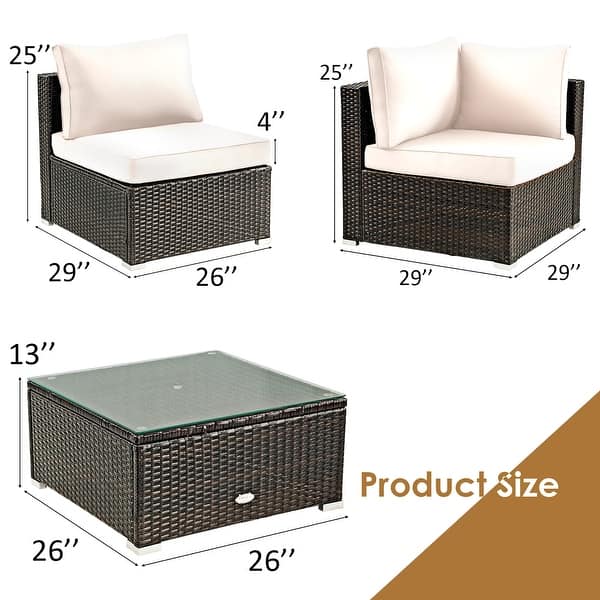 dimension image slide 3 of 5, Costway 5PCS Patio Rattan Furniture Set Cushioned Sofa & Chair Coffee