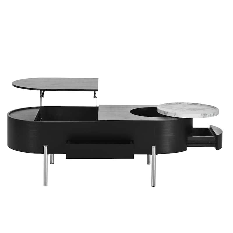 47.2" Lift Top Coffee Table with 360° Rotating Tray - Marble-Patterned Modern Oval Table with Hidden Compartment for Living Room