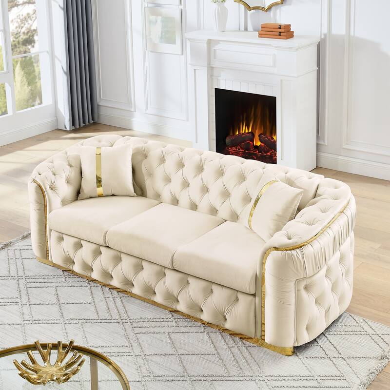 90.6″ Velvet 3-Seater Sofa with 2 Pillows, High-Density Foam & Gold Accents