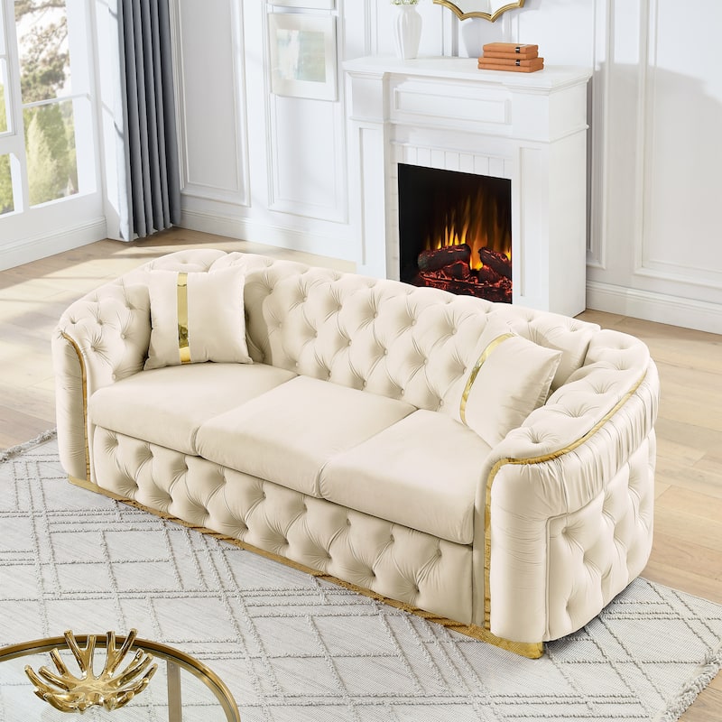 90.6 Inches 3 Seater Velvet Sofa with Gold Stainless Steel Accents and 2 Pillows, Beige