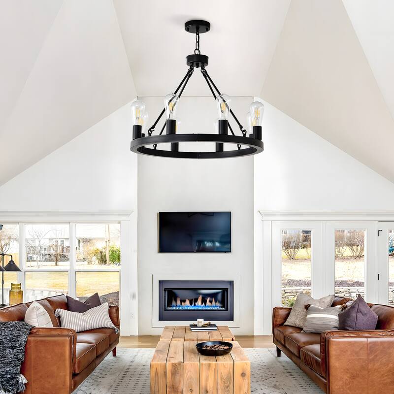 8-Light Matte Black Wagon, Wheel Chandelier Farmhouse, Modern Small Round Chandelier, for Living, Room