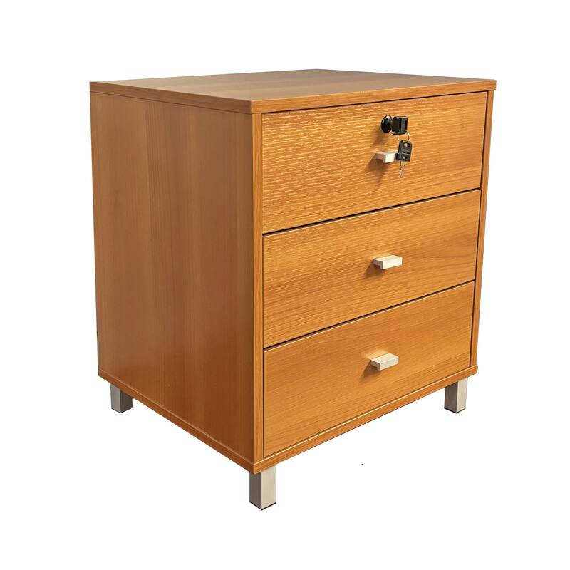 Light Cherry Three-Drawer Nightstand with Locking Top Drawer and Metal Drawer Glides, Faux Silver Legs - Cherry