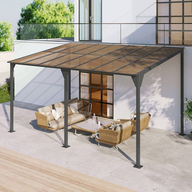 14.76x9.22FT Wall-Mounted Gazebo, Patio Cover Lean to Awning with Powder Coated Iron Frame and with Sloped Design
