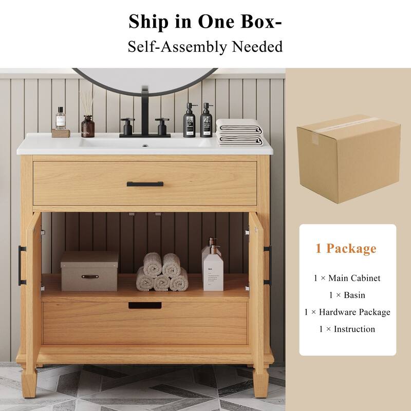 36" Rattan Bathroom Vanity with Ceramic Sink