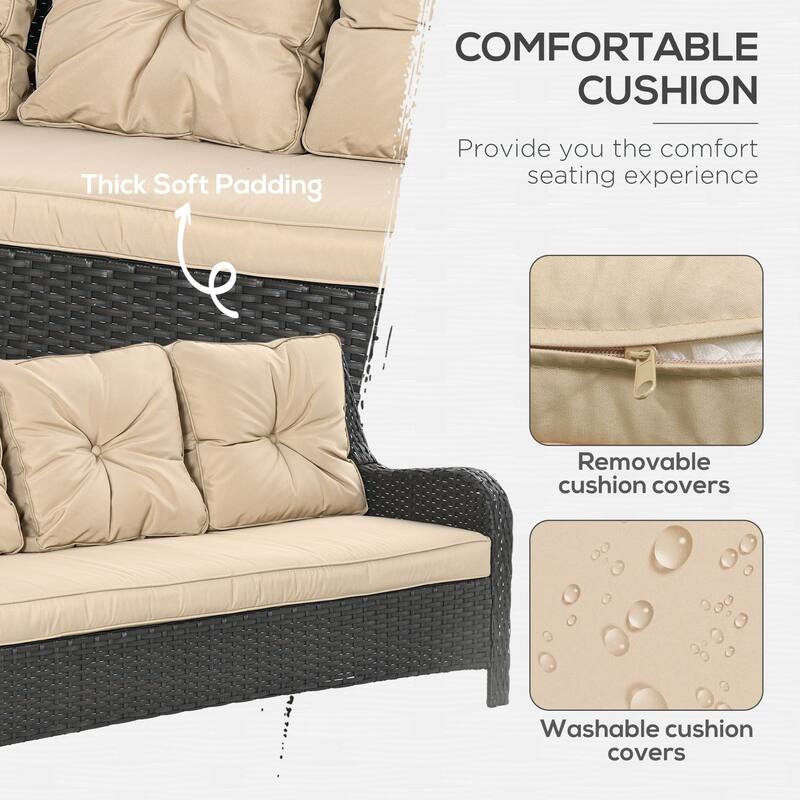 Outsunny 3-Seater Outdoor Sofa with 4" Thick Padded Cushions, PE Rattan Patio Outdoor Couch with Curved Armrests for Sunroom