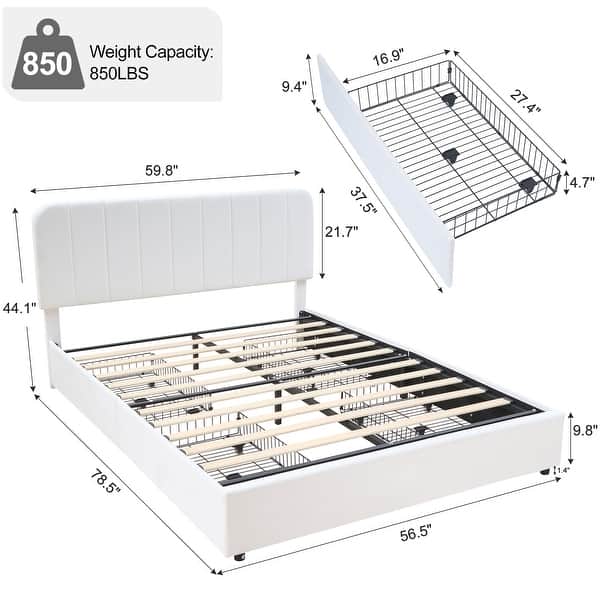 VECELO White Upholstered Platform Bed Frame with 4 Storage Drawers ...