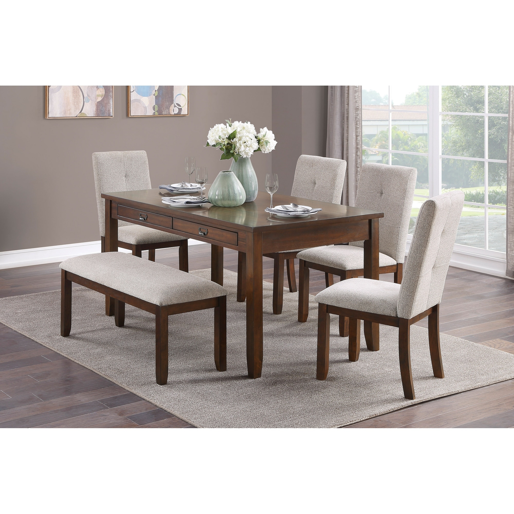 6 Pcs Dining Table Chair Set, Kitchen Wooden Funiture Set, Rectangular Table with Drawers, Bench and 4 Side Chair