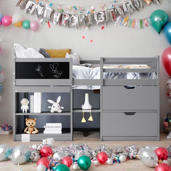 slide 2 of 27, Twin Size Modern Low Loft Bed With Rolling Desk,Shelf and Drawers,Sturdy Construction Grey