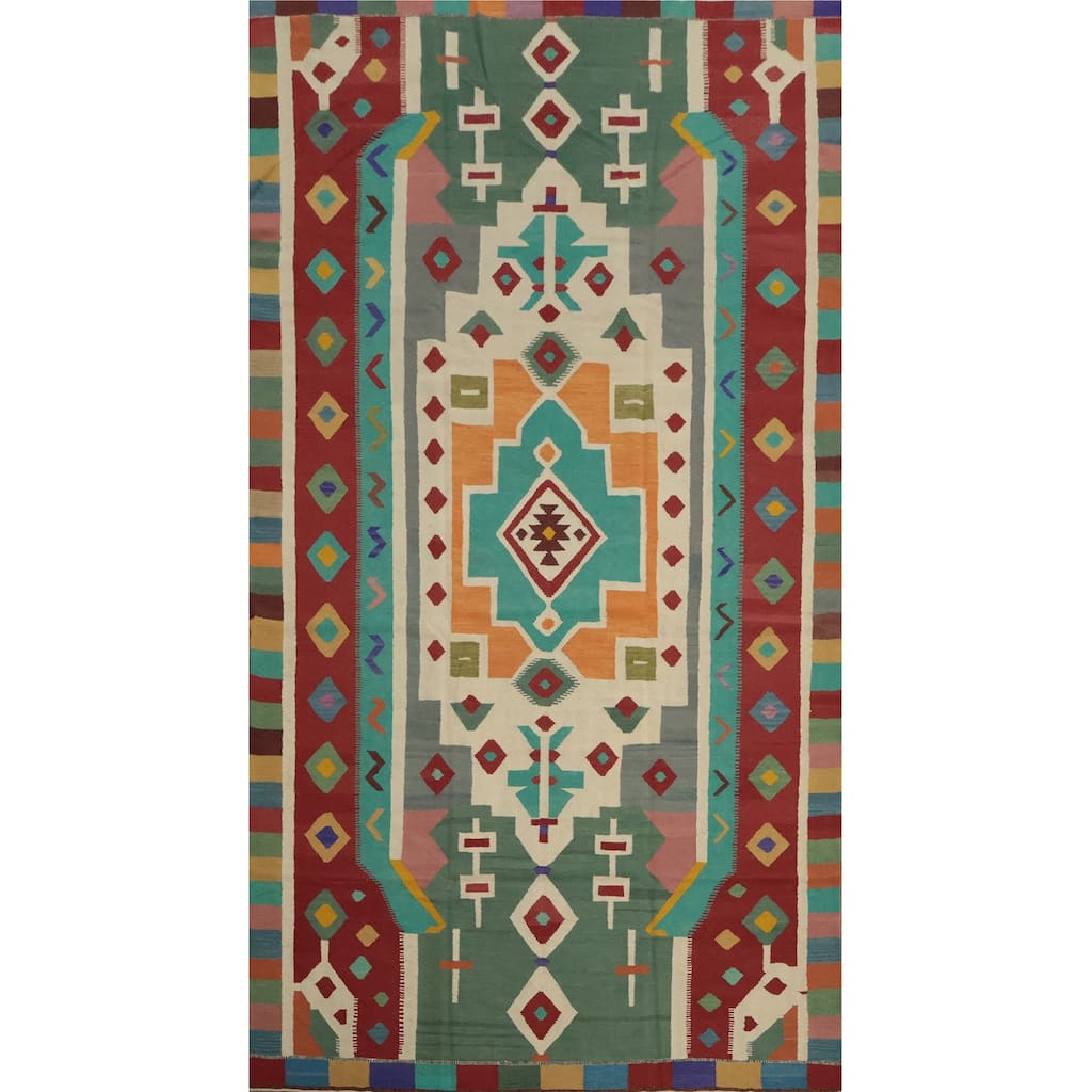 Hand Woven Oriental 100% Wool Carpet Southwestern Tribal Multi-Colored Kilim Area Rug - 14' 8'' X 8' 1''