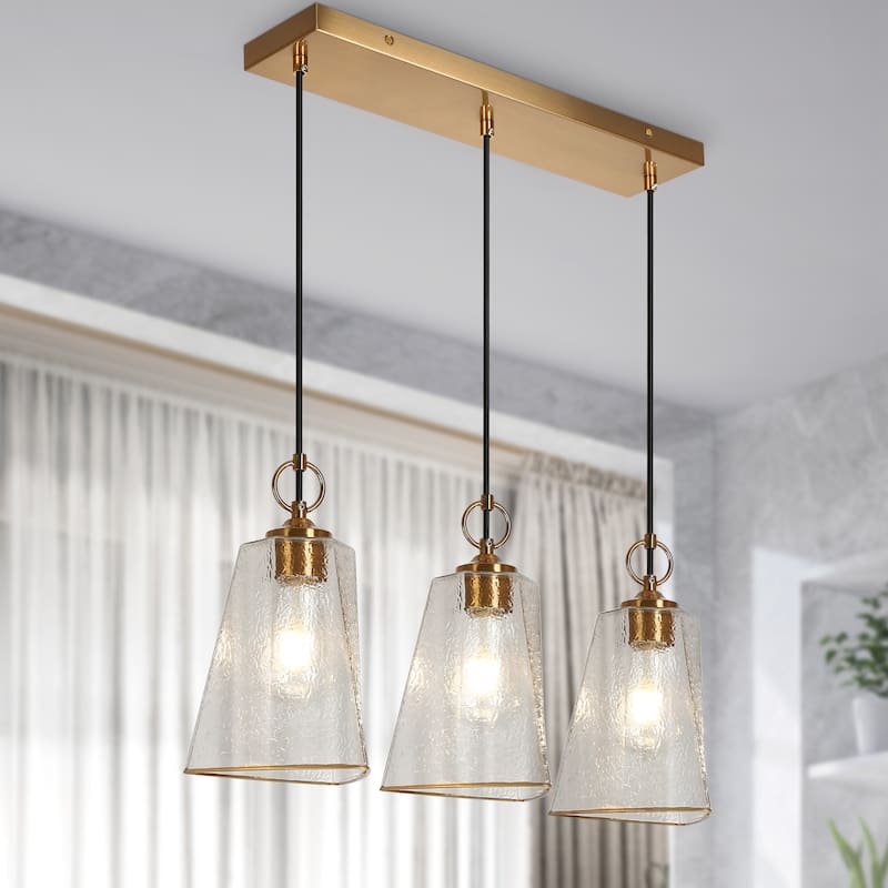 Modern 3-Light Gold Chandelier Textured Glass Kitchen Island Lights - W 25.1" x H 72.9"