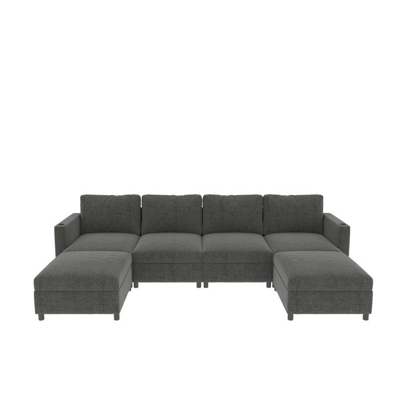 Modern U-Shape 6-Seater Sectional Sofa Bed with Storage Ottomans, Chenille Fabric