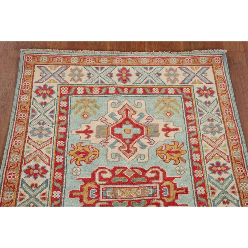 Turquoise Blue Kazak Oriental Accent Rug Hand-Knotted Wool Carpet - 2'9" x 3'11"