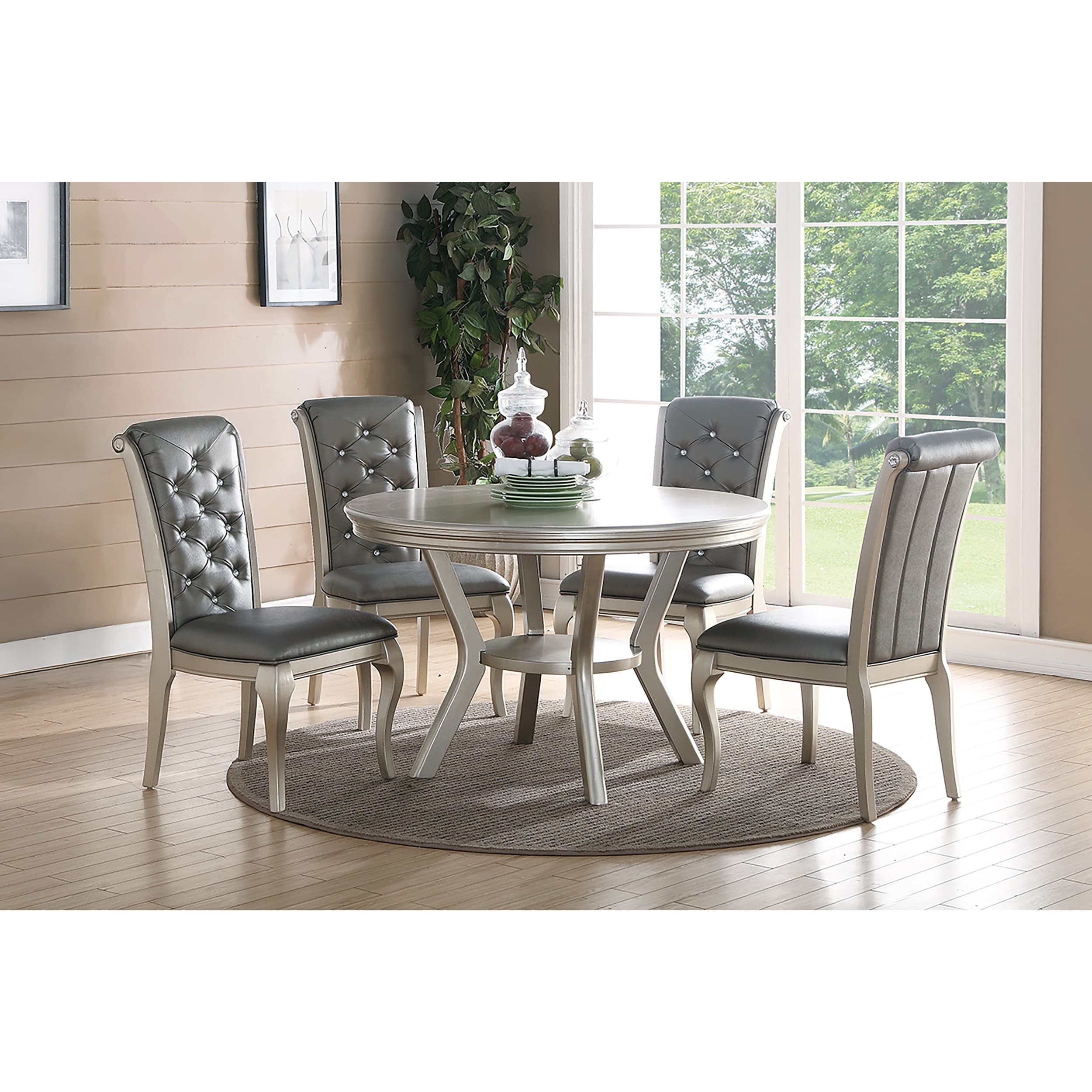 Silver Finish 5pc Dining Set Under Table Shelf Upholstered Chairs