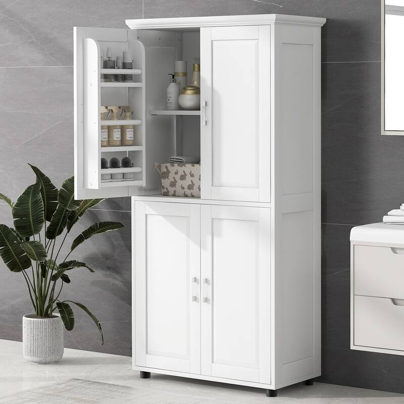 Tall and Wide Bathroom Floor Storage Cabinet, Bathroom Storage Unit, Freestanding Cabinet with 4 Doors, Adjustable Shelves - White