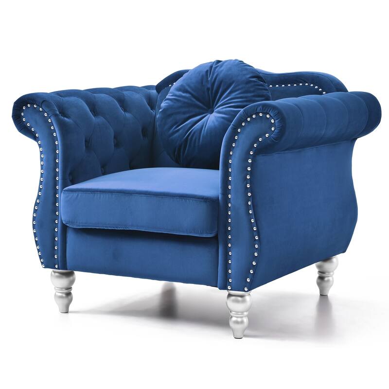 Solid Velvet Tufted Accent Chair with Round Pillow - 39" - Blue