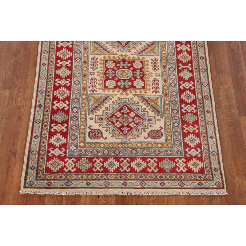 Geometric Beige Kazak Accent Rug Hand-Knotted Oriental Wool Carpet - 3'4" x 4'9"