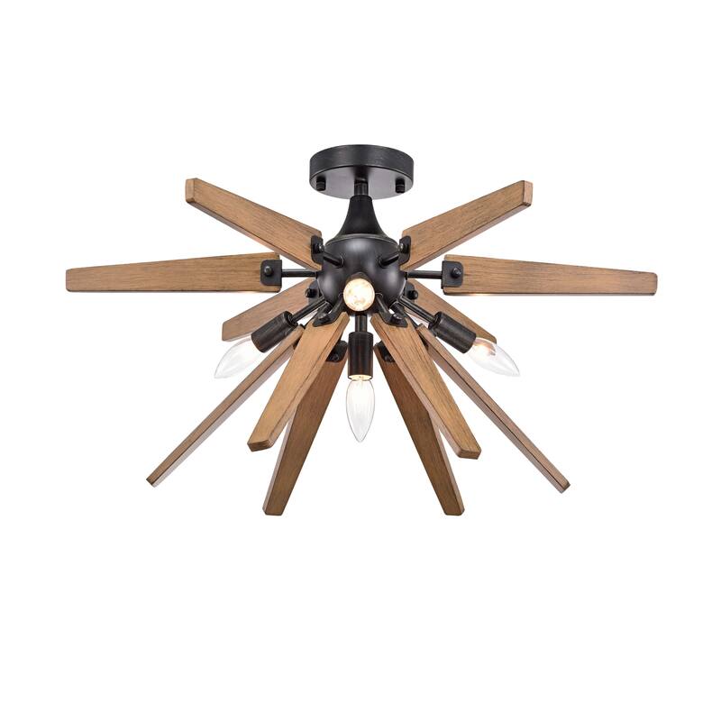 Bernice 4-Light Antique Black Finish Sputnik Natural Wood Flush Mount