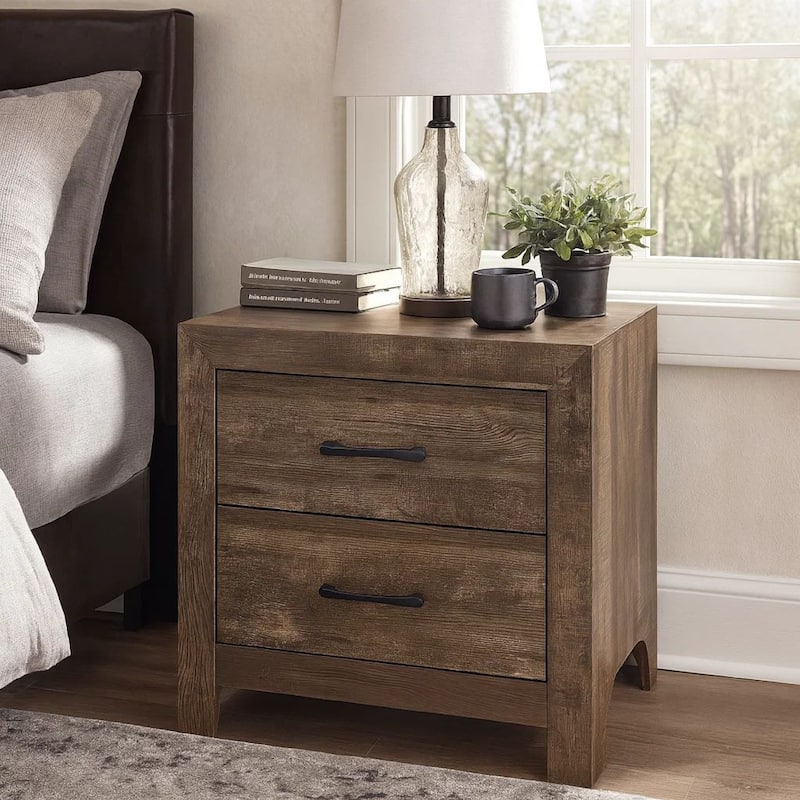 2 Drawer Rustic Wooden Nightstand with Block Legs, Brown