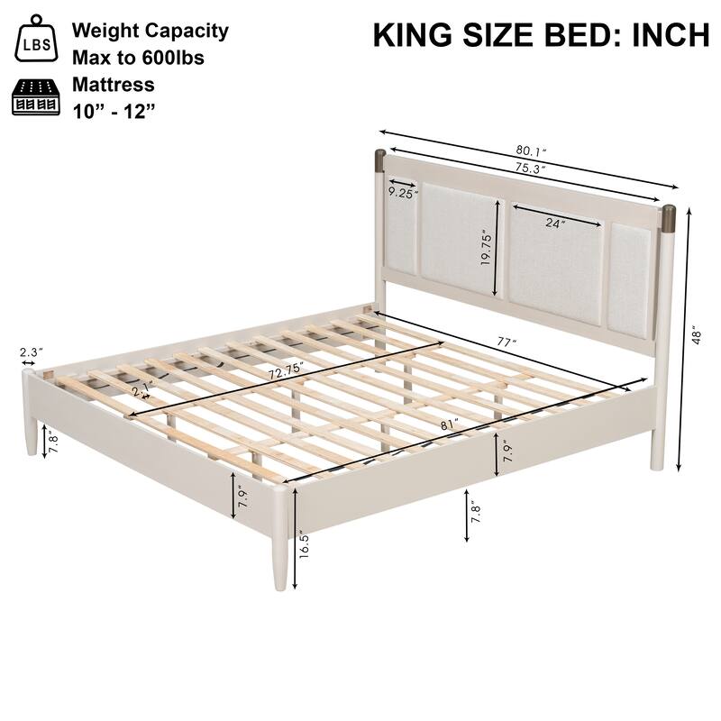 Roomfitters King Wood Platform Bed Frame, Heavy Duty 600lbs Support, Upholstered Headboard with Metal Accents