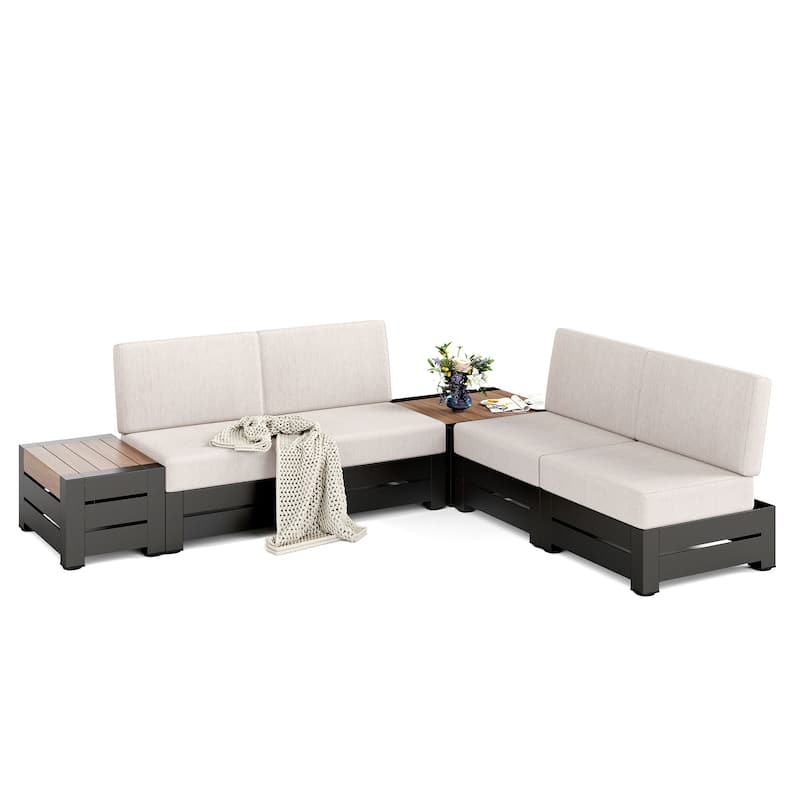 MAISON ARTS 3/4-Seat Outdoor Sectional Sofa, Patio Conversation Set with Wood Grain Table