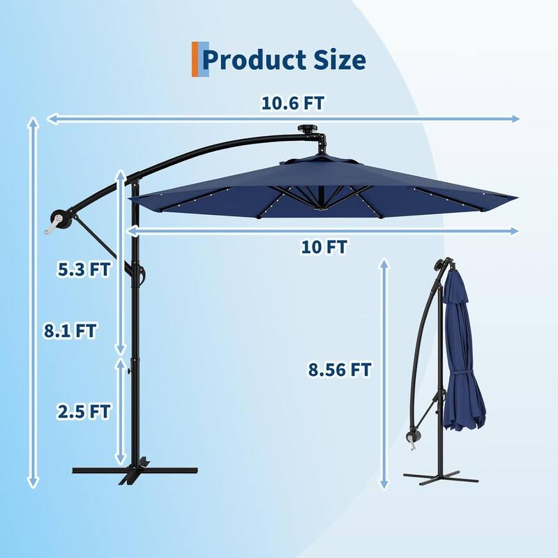 10ft Solar Lights Offset Patio Umbrella, Cantilever Umbrella with Easy Lift & Tilt Adjustment, 8 Ribs Sun Umbrella UV