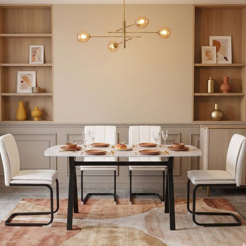 Rectangular dining table featuring a tempered glass tabletop with a marble-patterned design for restaurant dining settings