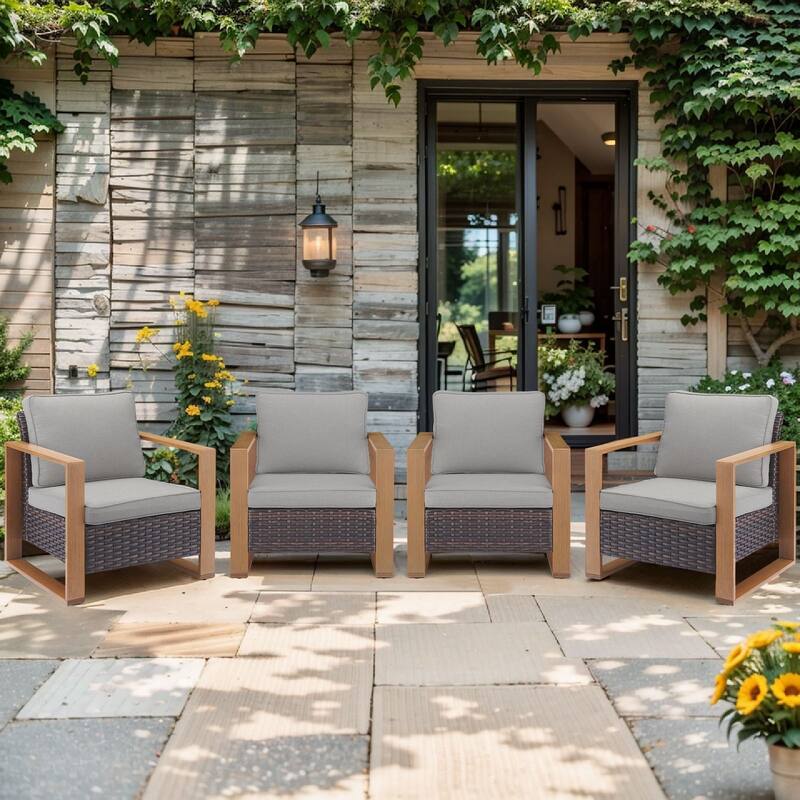 Pocassy Outdoor Patio Chairs Set for Garden Yards - 4 Pieces Patio Chairs - Brown Wicker Gray Cushion