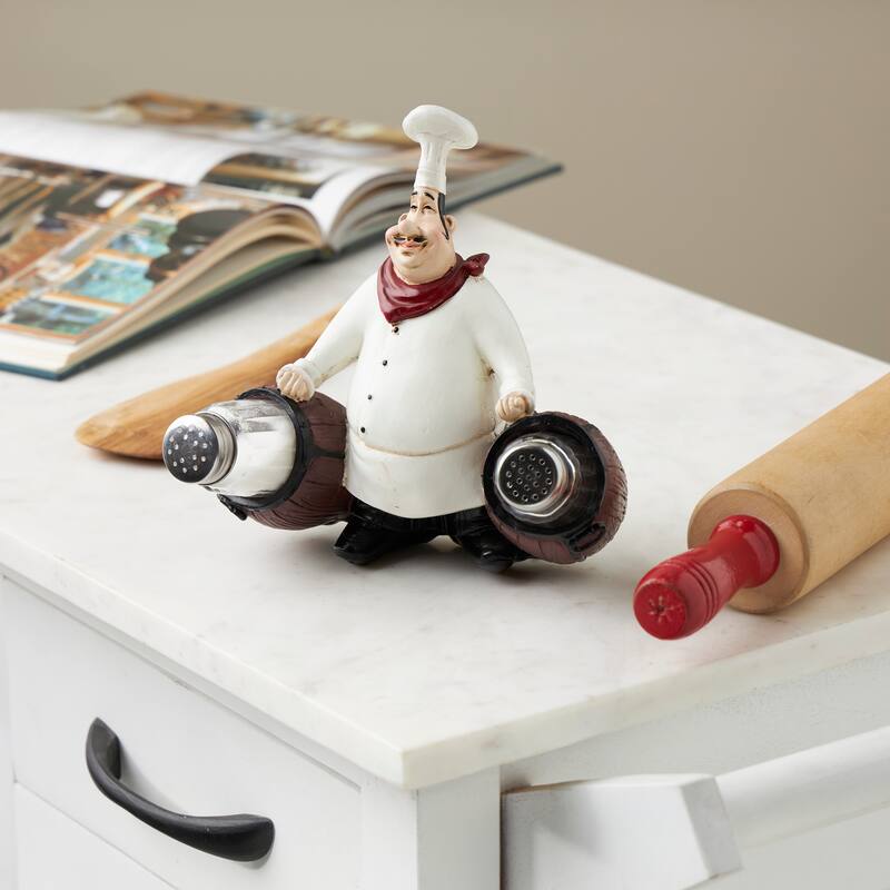 White Polystone Figurine Chef Salt and Pepper Shaker Holder with Wood Barrel Accents - White