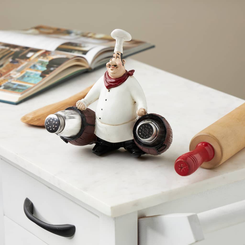 White Polystone Figurine Chef Salt and Pepper Shaker Holder with Wood Barrel Accents
