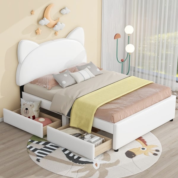 slide 2 of 11, Full Size Upholstered Platform Bed with Ears Shaped Headboard,2 Drawers White