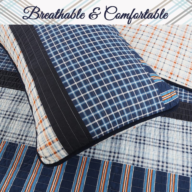 Cozy Line Navy Orange Stripe Reversible Cotton Quilt Bedding Set