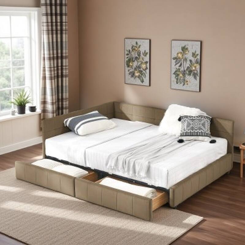 Full Size Mid-Century Velvet Upholstered Daybed with Storage Drawers, Wood Frame, Comfortable Backrest and Armrest - Brown