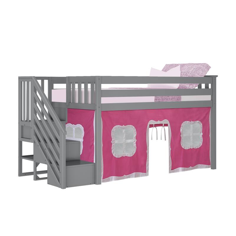 Max and Lily Twin Low Loft with Stairs and Curtains