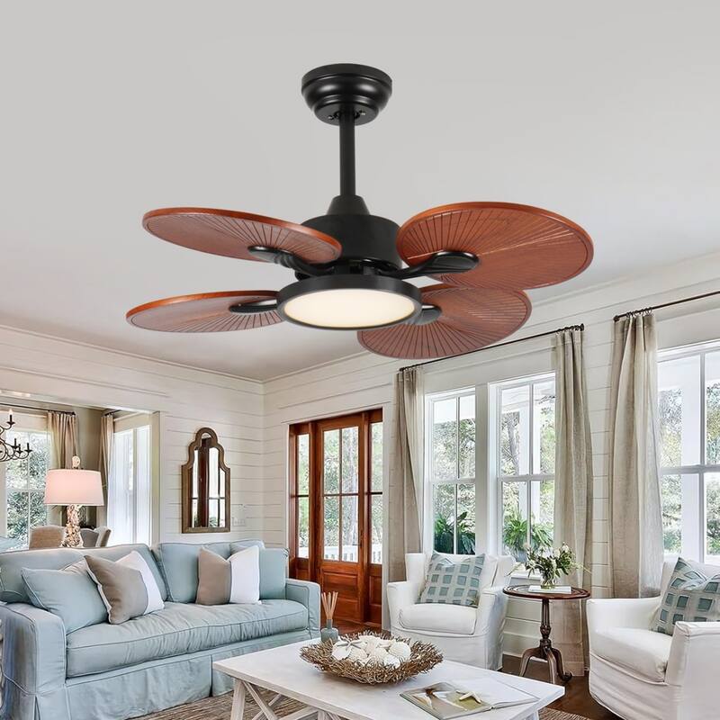 33-Inch Ceiling Fan with Light, 5 Solid Wood Blades, DC Motor, APP & Remote Control, Dimmable Full-Spectrum LED