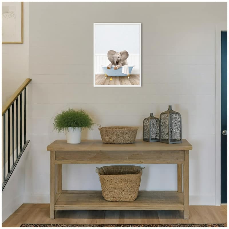 Kate and Laurel Sylvie Baby Elephant 6 in Cottage Blue Bathtub Framed Canvas by Amy Peterson
