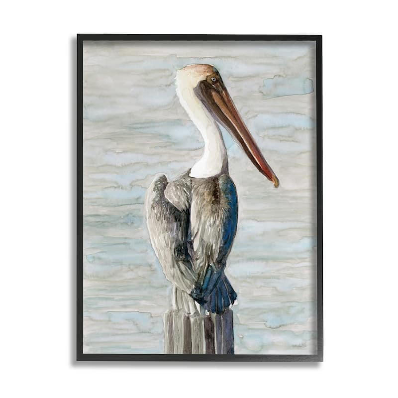 Stupell Long Beak Pelican Watercolor Painting Coastal Waterfowl Bird Framed Wall Art - Blue - 11 x 14 - Black