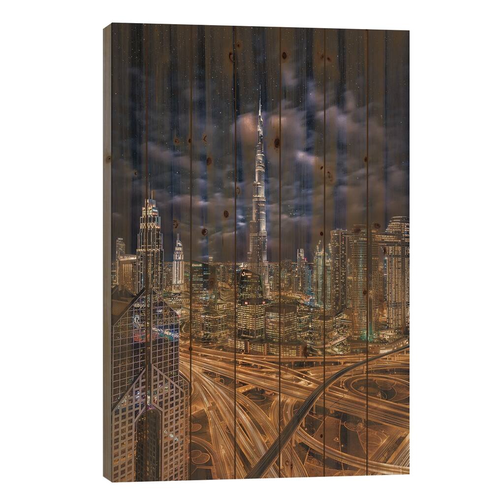 Dubai Burj Khalifa Cityscape Starry Night Print On Wood by Alex G Perez - Multi-Color