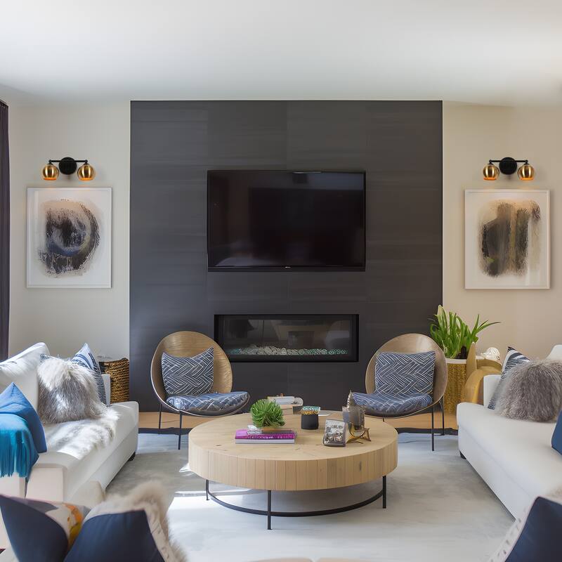 2-Light Modern Black Gold Vanity Light Bathroom Metal Wall Sconce for Powder Room - 14.5'' L x 6'' W x 7.5'' H