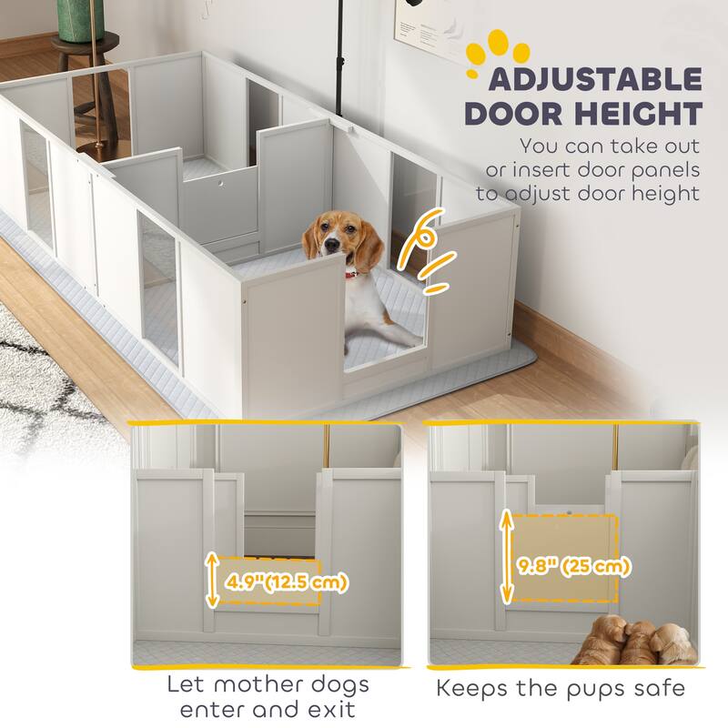 Whelping Box for Dogs, Newborn Puppy Supplies with Retractable Light Stand, Waterproof Pee Pad, Adjustable Height Door - White