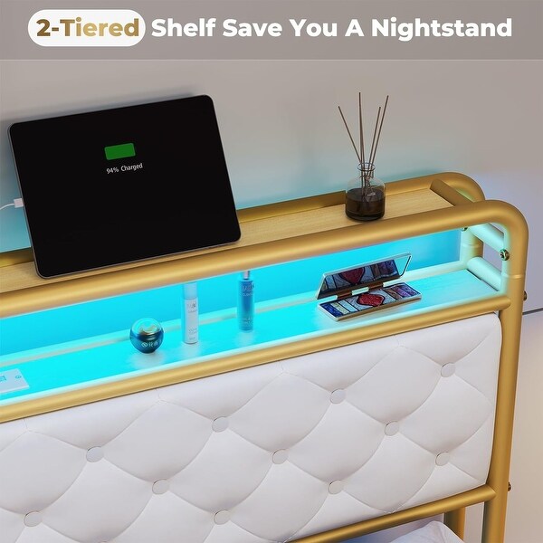 Bed Frame LED Light Headboard Platform Bed Frame Faux