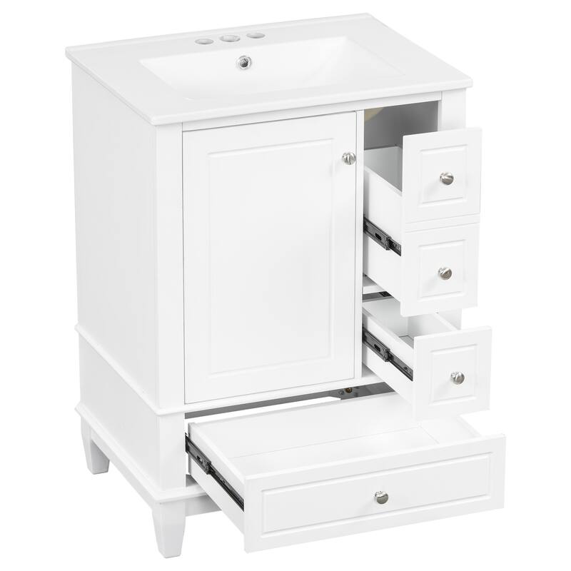 24" Bathroom with Sink and Drawers,Freestanding Cabinet with Ceramic Top and Shelves,MDF and Wood Base,Modern Sink Cabinet