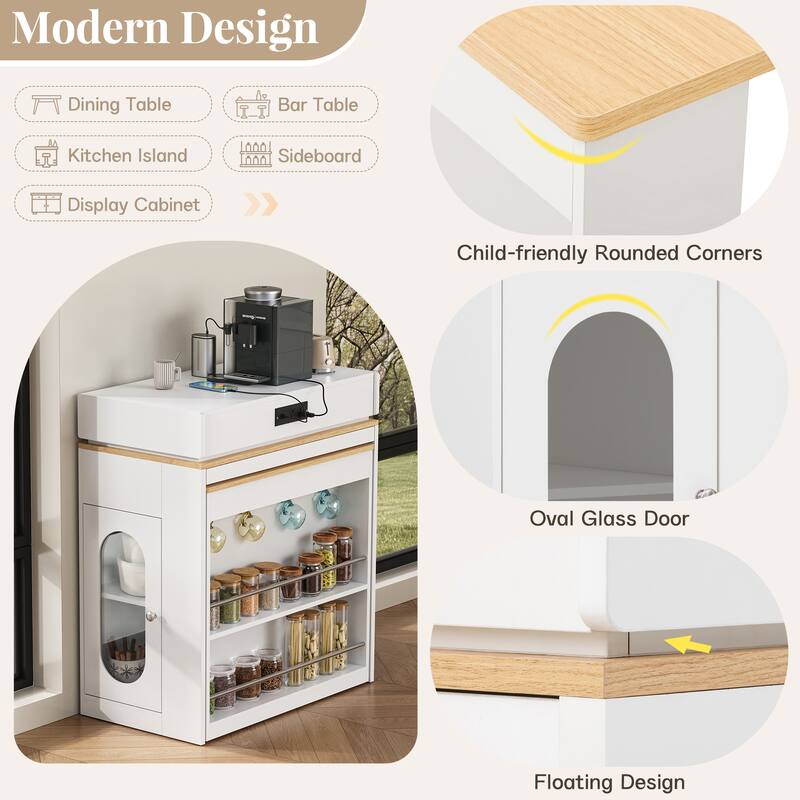 Extendable Kitchen Island Dining Table with Power Outlet, Rolling Sideboard with Folding Tabletop & Drawers