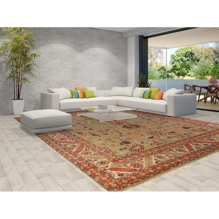 Light Green Heriz Serapi Indian Large Rug Handmade Wool Carpet - 11'11"x 14'6"