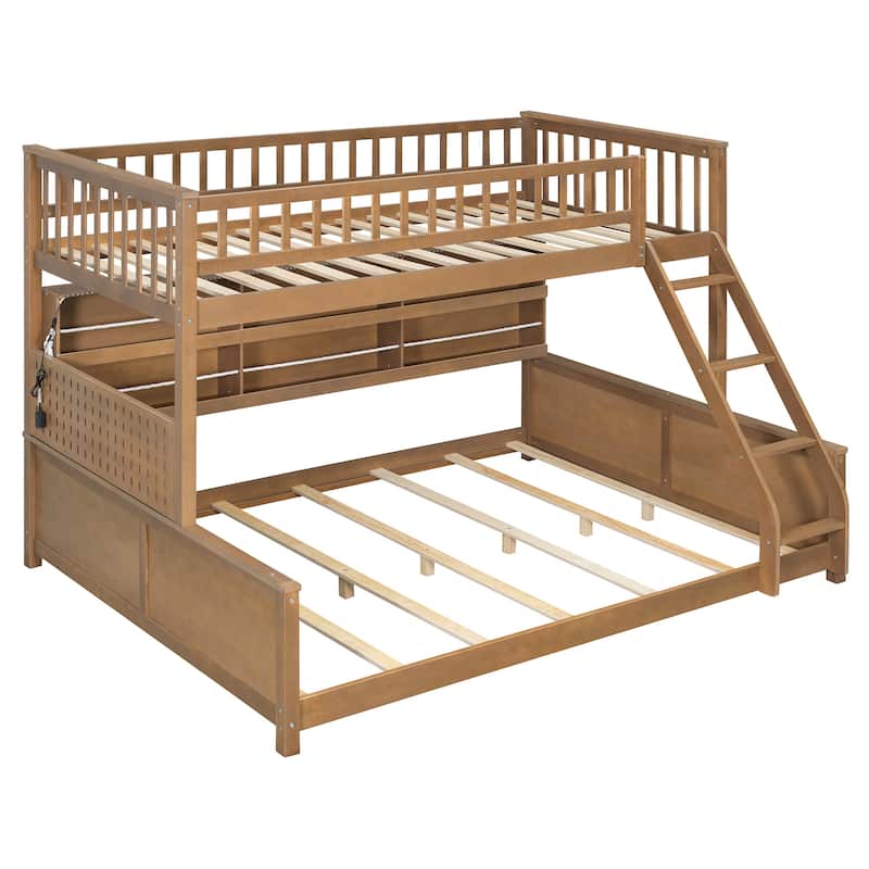 Full XL over Queen/Full over Full Bunk Bed with Integrated Shelving, Color-Changing Lights & Pegboard