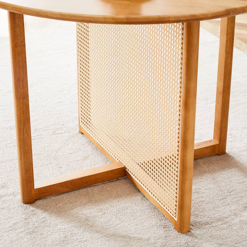 Modern Chinese Retro Style Solid Wood Round Table with Imitation Rattan Detail, for Dining Room & Living Room