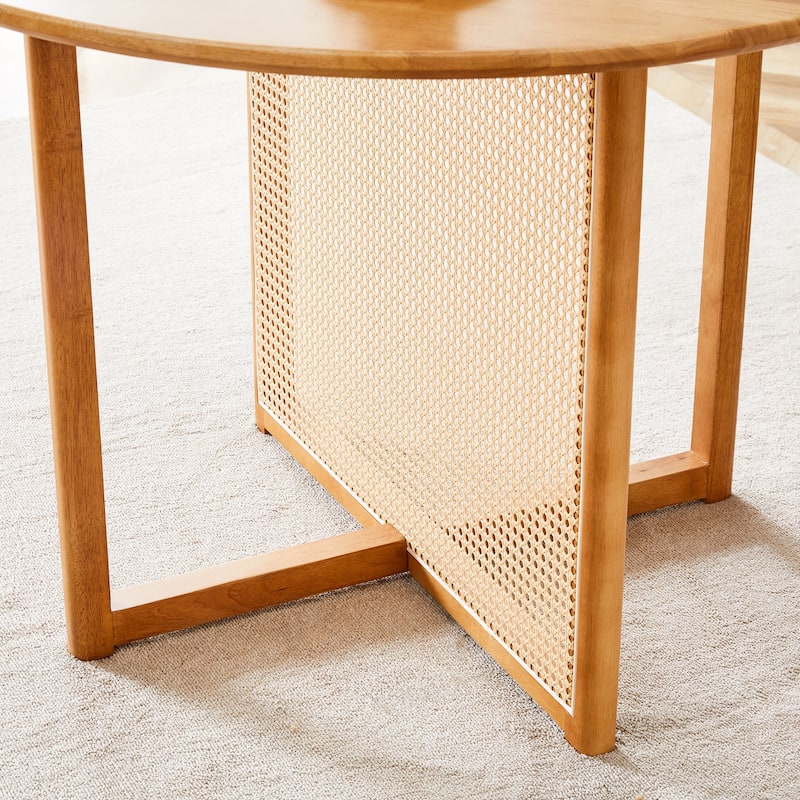 Roomfitters Solid Wood Round Table with Rattan Detailing, Retro Dining or Writing Desk for Home or Office