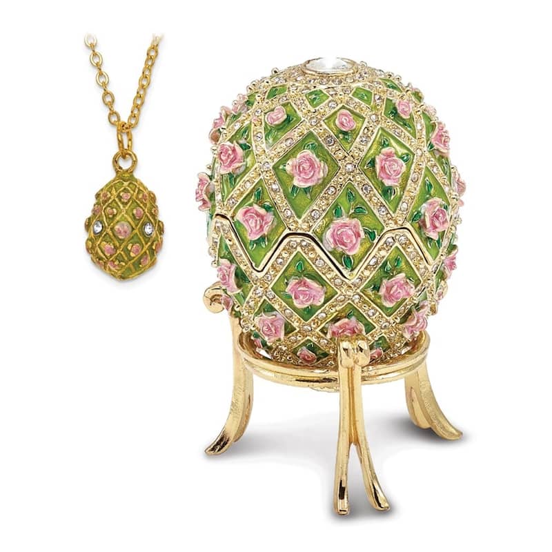 Curata Pewter Crystals Gold-Tone Enameled Rose Garden Floral (Plays Memory) Musical Egg - 2.5" x 4"