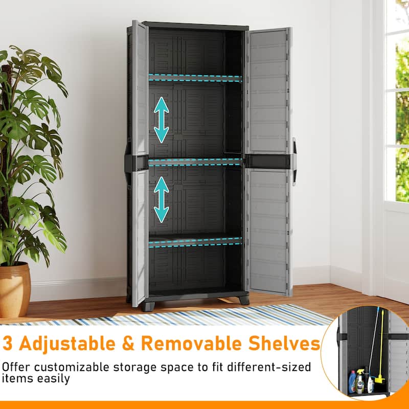 Black and Gray Tall Storage Cabinet with Adjustable Shelves Plastic Utility Cupboard for Garage Kitchen or Laundry Room