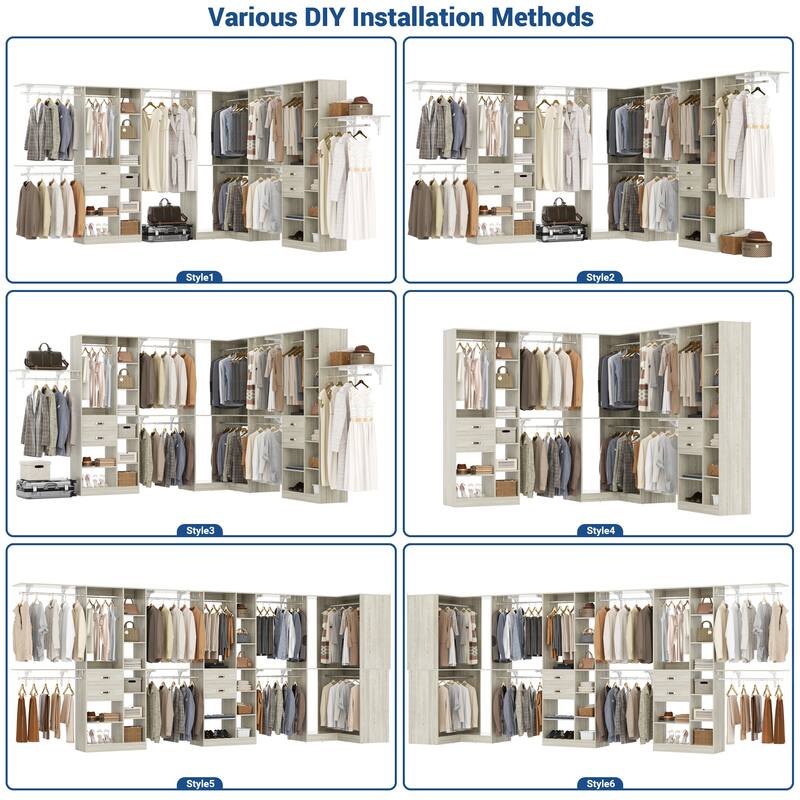 Rackcog 95'' - 188'' Closet System with Hanging Rods, Set of 3 Corner Closet Organizer with Drawers and Shelves