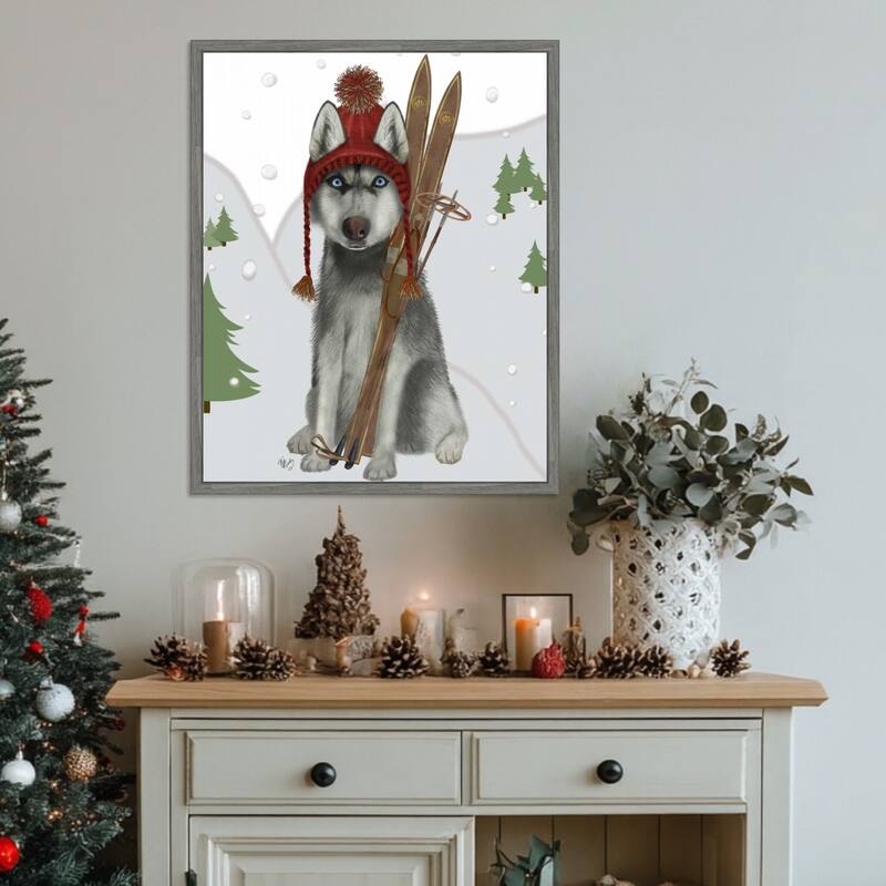 Husky Skiing by Fab Funky (23 x 28 in.), Framed Canvas Wall Art Print - Sylvie Greywash
